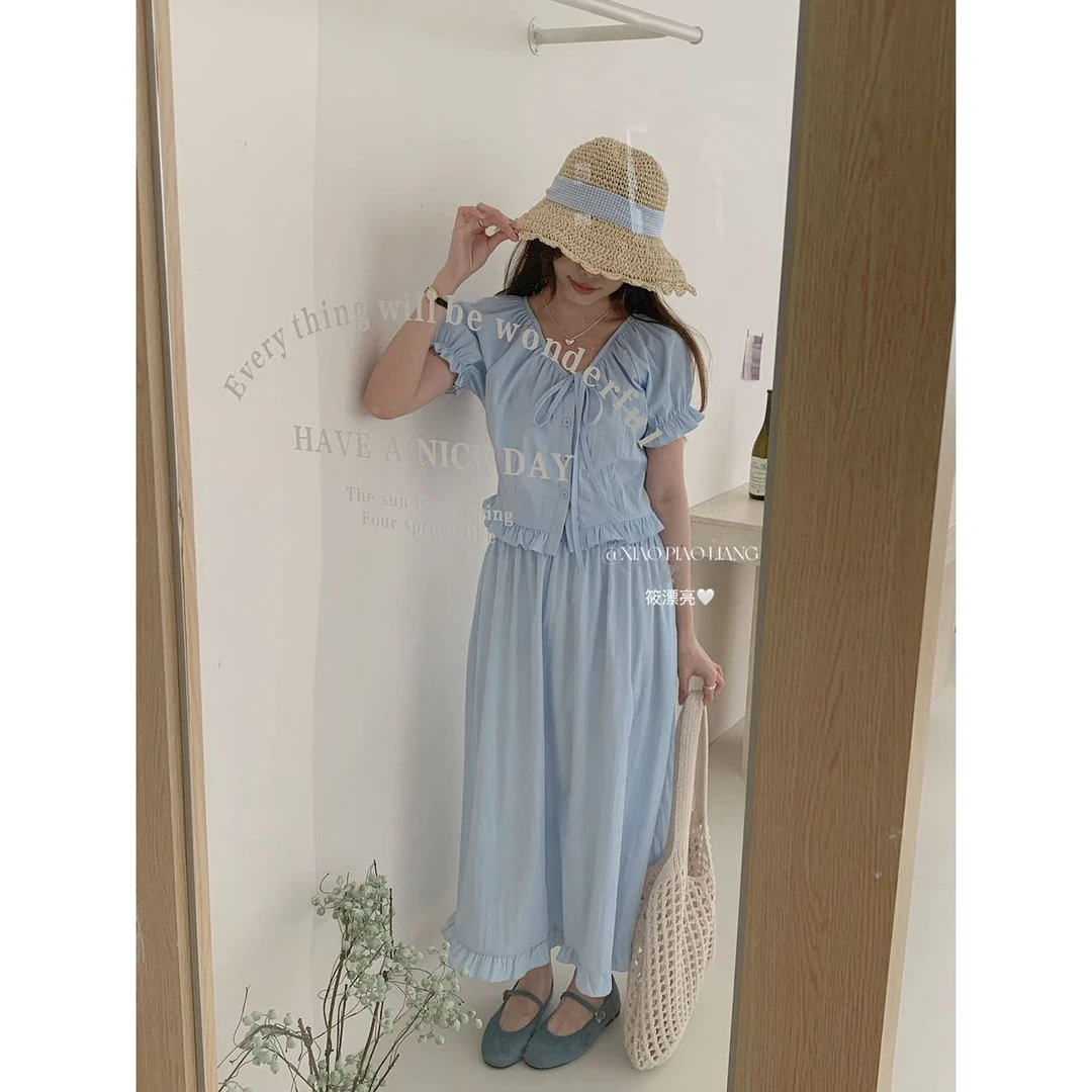 【赠送运费险】3154#韩系小清新拼接设计感小衫木耳边半身裙套装女