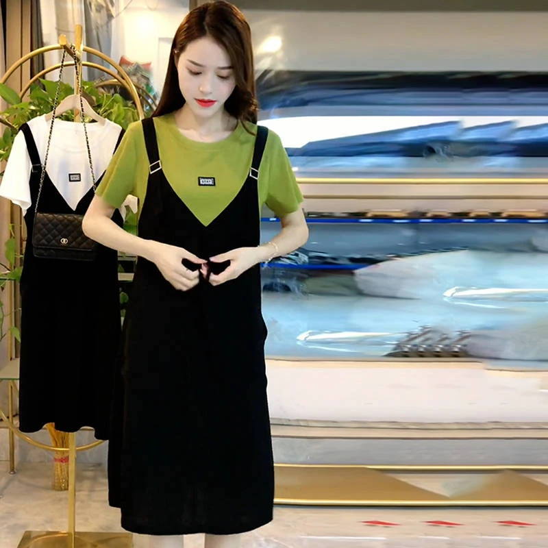 时尚气质连衣裙女2025夏季新款拼接收腰显瘦中长款背带假两件裙子