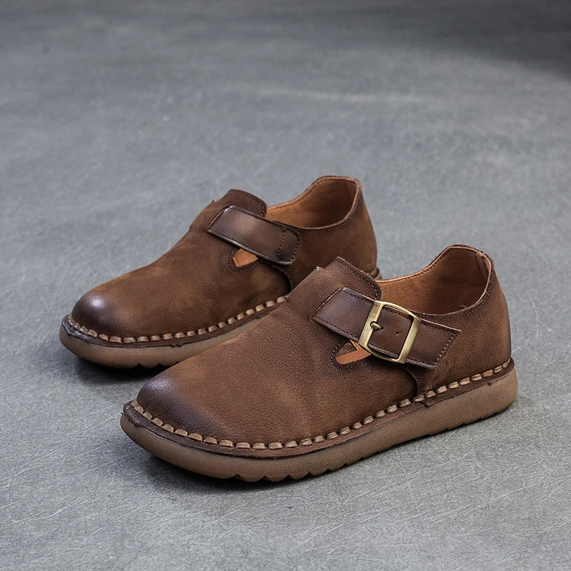 2025春季新款头层牛皮软面英伦风勃肯单鞋车缝线韩版舒适真皮女鞋