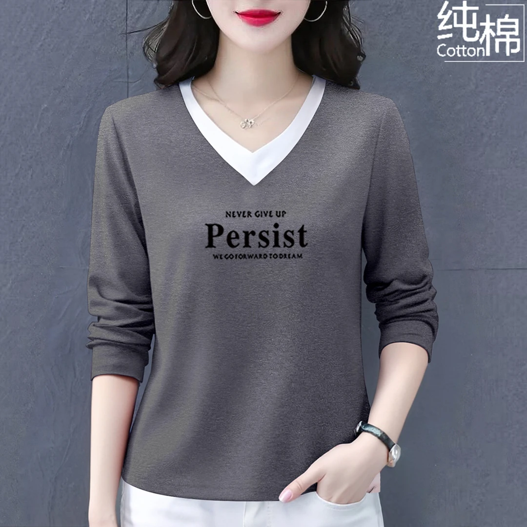 纯棉长袖t恤女春秋新款时尚百搭宽松显瘦洋气休闲中年上衣打底衫