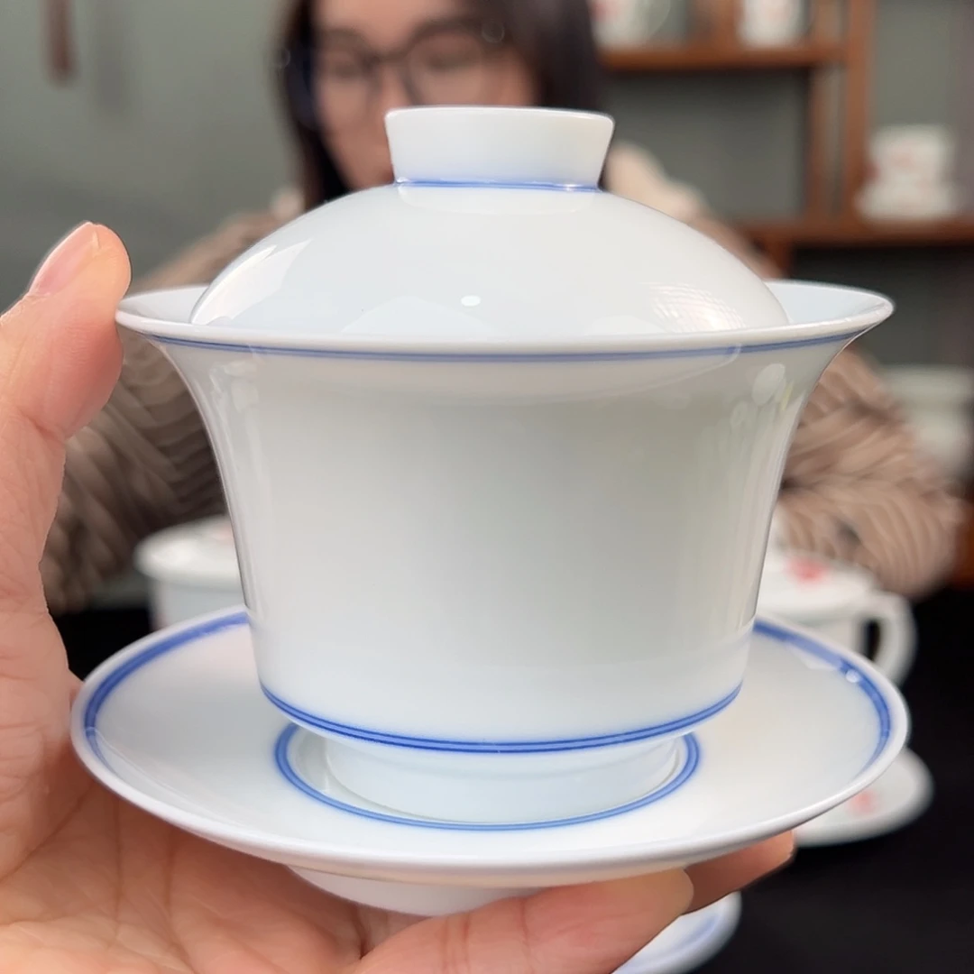 柴窑素胎双圈马蹄盖碗