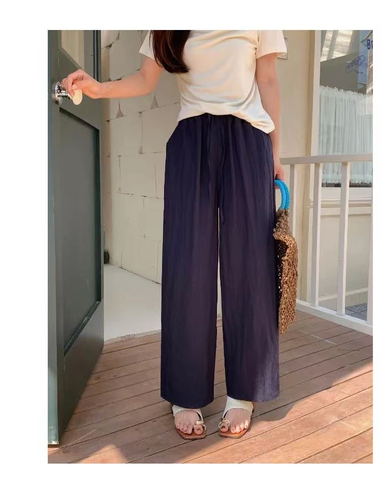 高腰长裤夏季休闲时尚九分裤亚麻奶奶裤纯色慵懒风