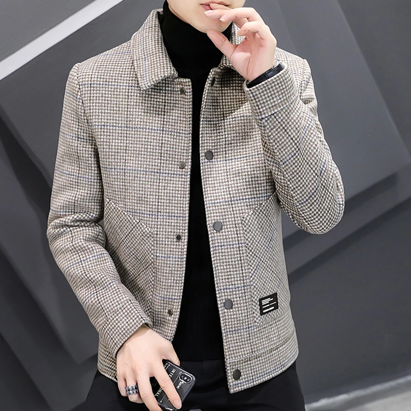 2025新款秋冬呢子外套男休闲上衣短款格子风衣时尚修身潮流夹克男