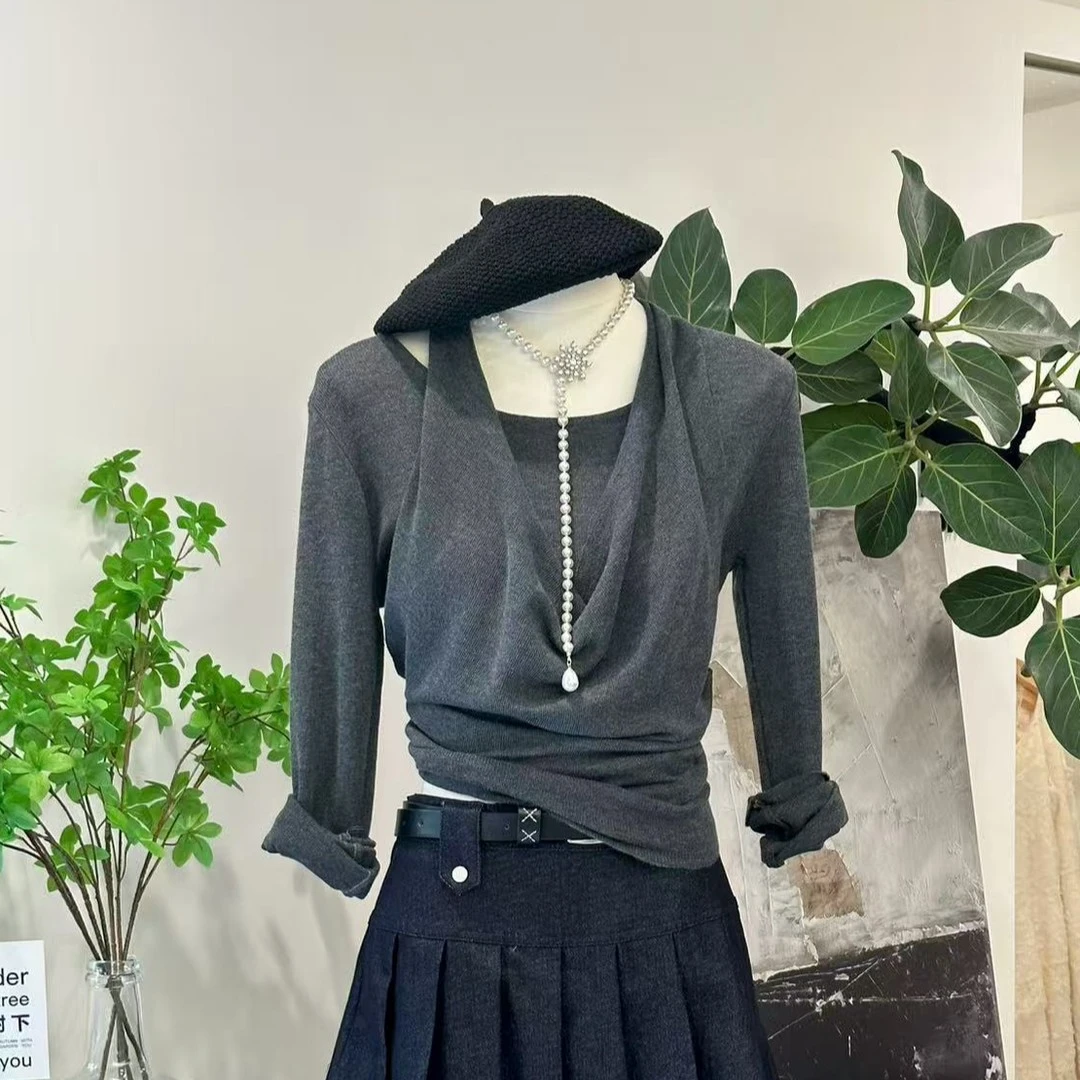 假两件挂脖上衣女秋冬新款磨毛加厚长袖T恤外穿打底高级感百搭