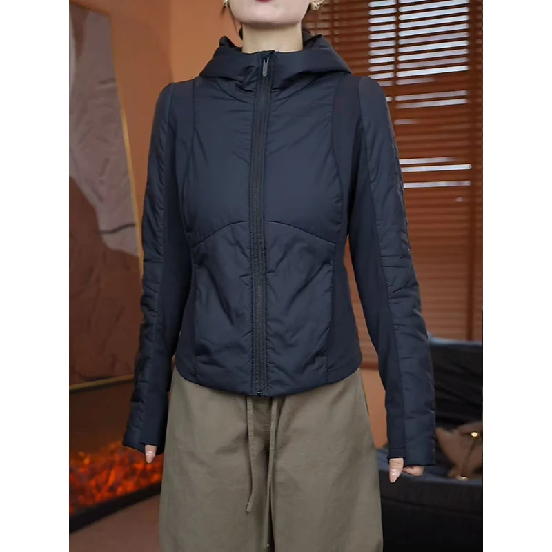 高级感黑色连帽棉服外套女2025秋冬新款时尚修身显瘦运动夹克上衣