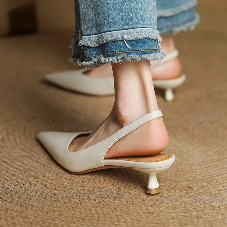 头层牛皮~米白色高跟尖头包头凉鞋女软底细跟真皮百搭简约单鞋女