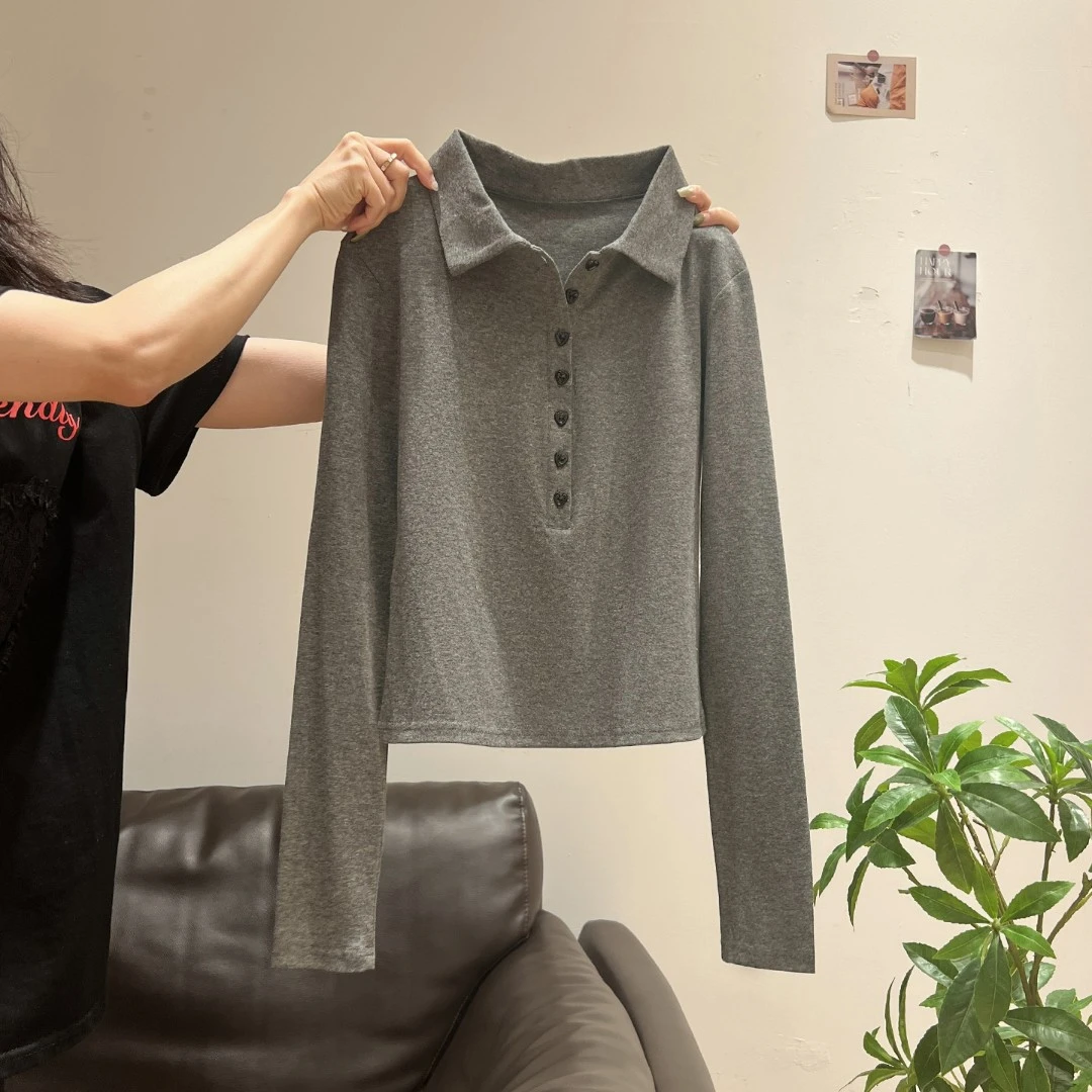 韩系polo领设计感纽扣长袖T恤女夏季新款小众气质修身打底衫上衣