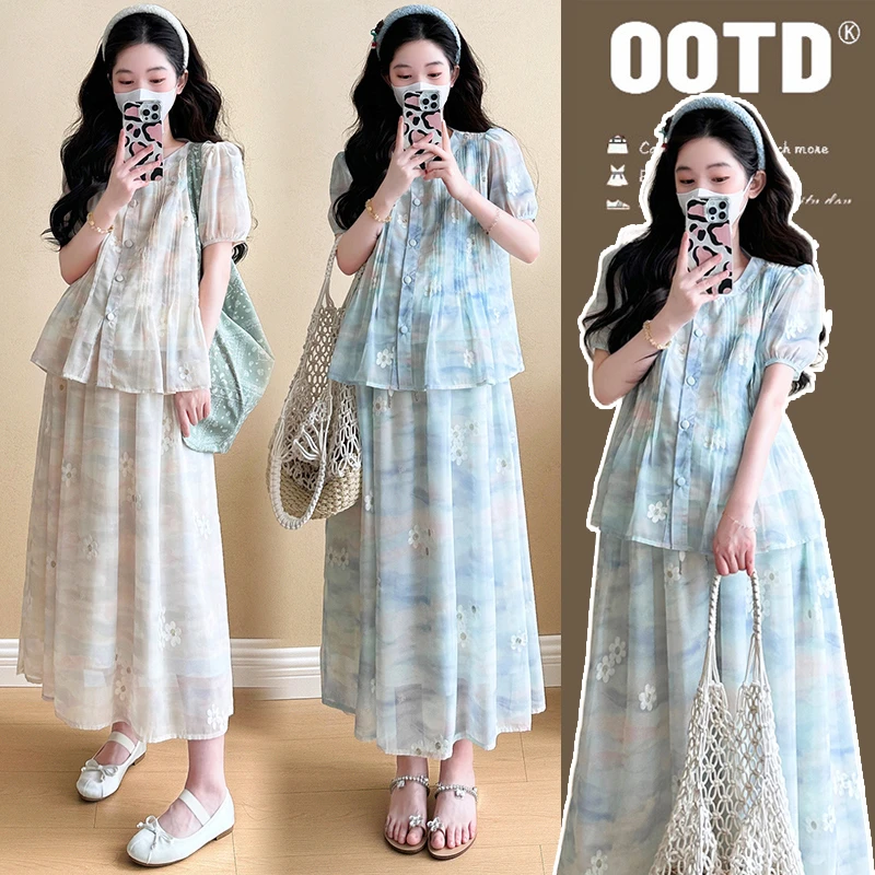 【梵兮家】孕妇装夏季法式高级感碎花上衣+半身裙洋气减龄两件套