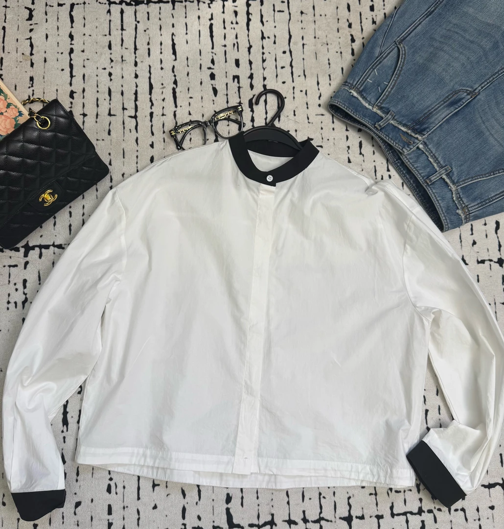 YUYU 衬衫袖圆领纯色长袖黑白拼接衬衫百搭休闲上衣春款白色时尚