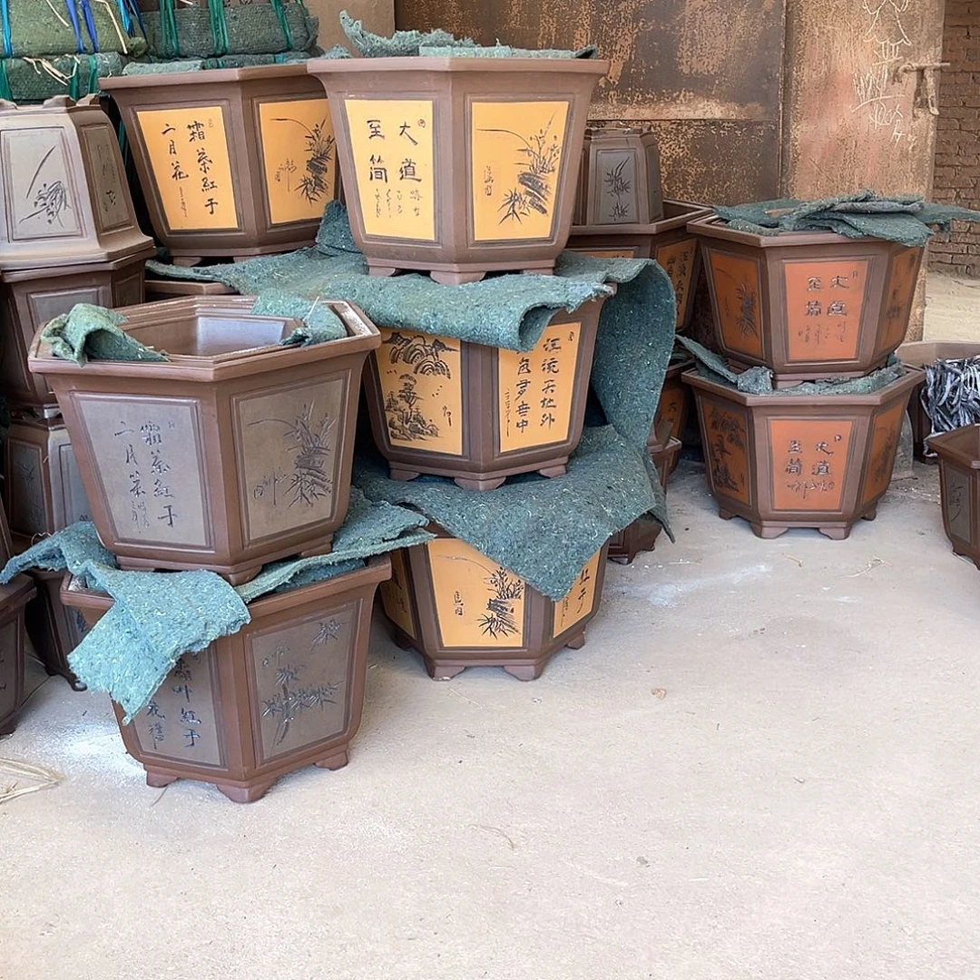 紫砂花盆高六方盆一个外对角64 X56 X42