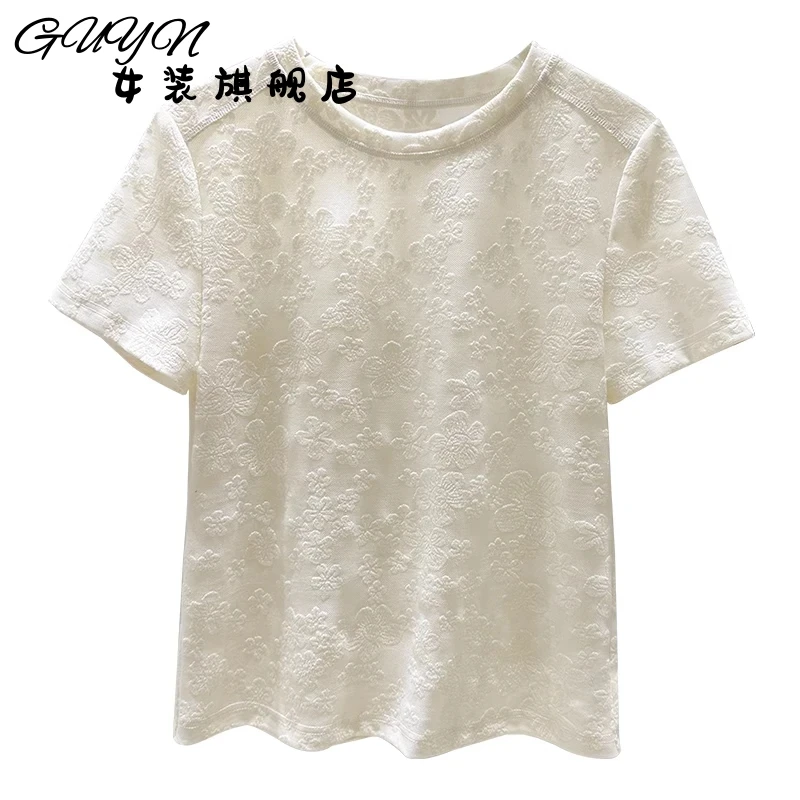 法式蕾丝提花高级感气质短袖小衫女夏季黑色洋气正肩轻薄T恤上衣