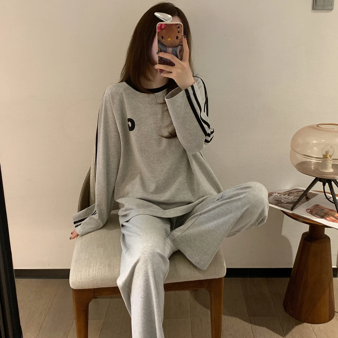 2025新款睡衣女春秋季纯棉长袖圆领韩版简约学生可外穿家居服套装