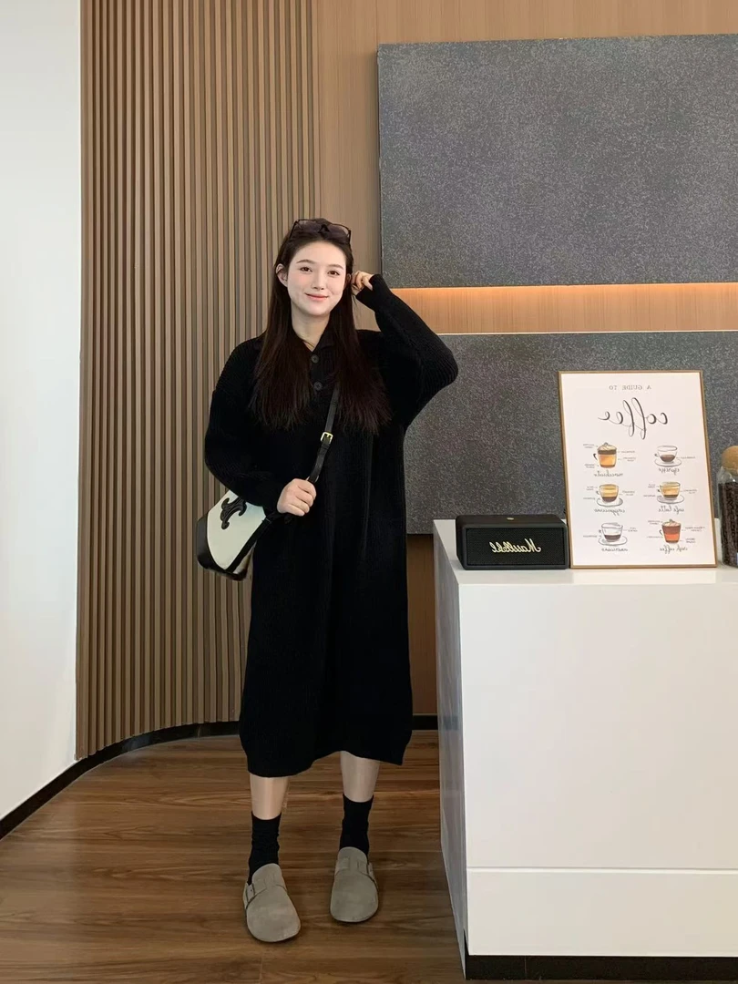 【折扣】小羽酱小个子定制秋冬慵懒风高领毛衣宽松针织长款连衣裙
