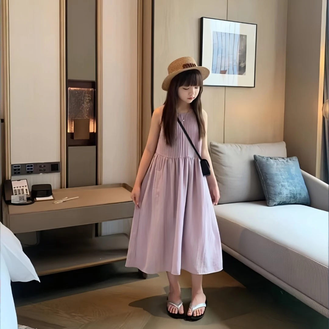 女童韩系紫色连衣裙2025夏装新款高品质时尚透气无袖背心裙度假裙