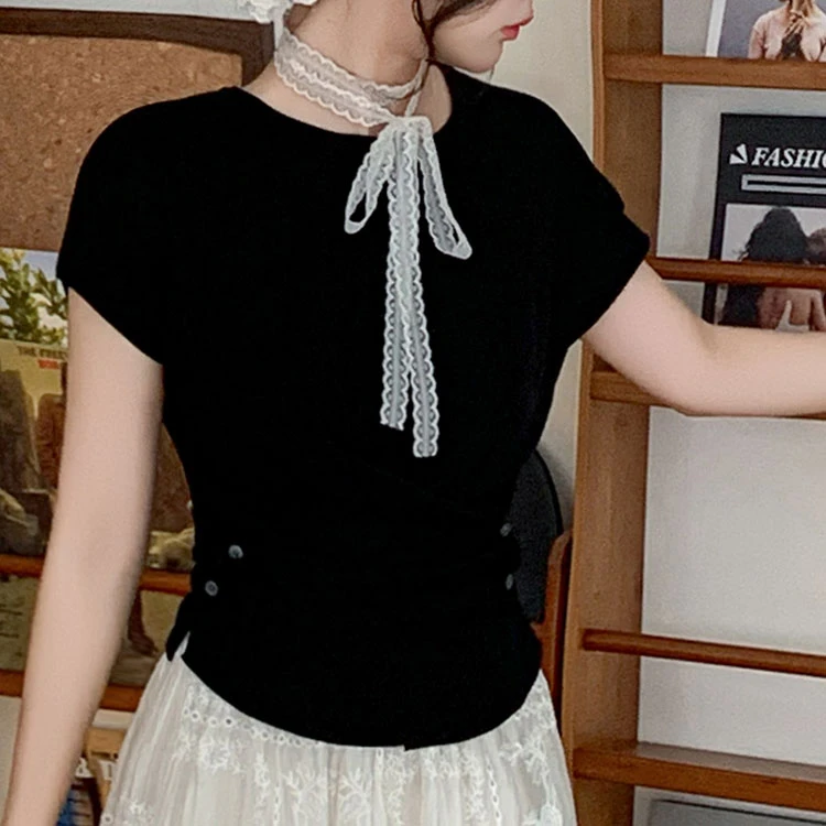 【藏青色 芥黄色】莱赛尔天丝针织交叉设计感短袖气质百搭#9955