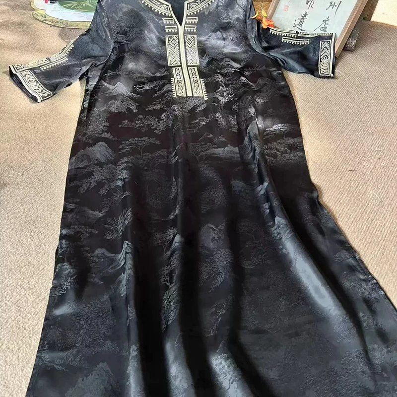 夏季新款新中式国风复古轻奢气质重工绣花短袖连衣裙