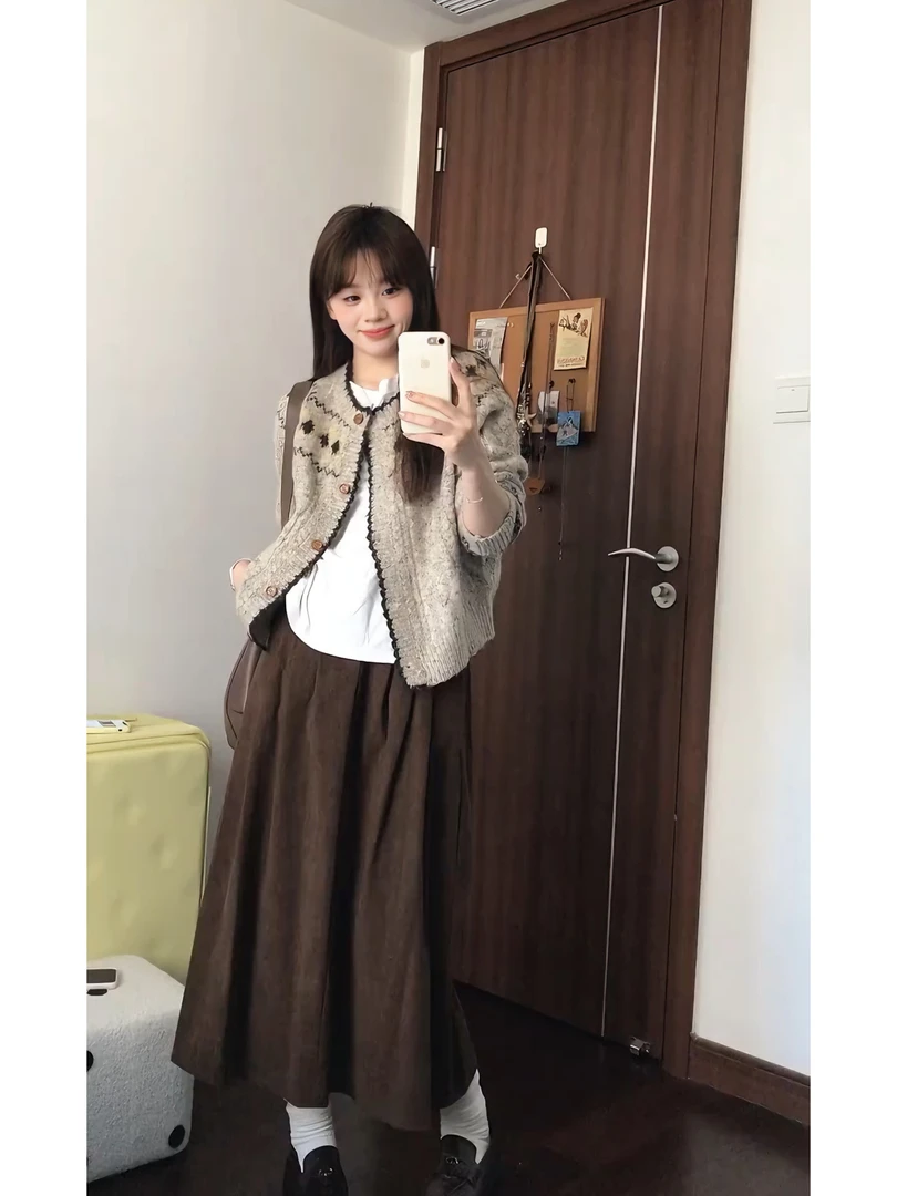 2025秋季新款韩系通勤穿搭气质针织衫上衣高腰复古半身裙两件套女