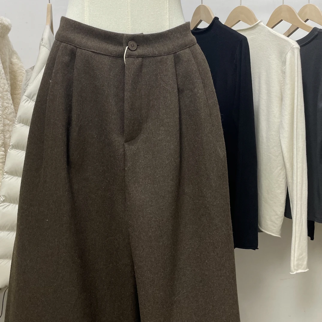 特羊毛八分裤小个子版高腰毛呢阔腿裤慵懒风显瘦垂感保暖