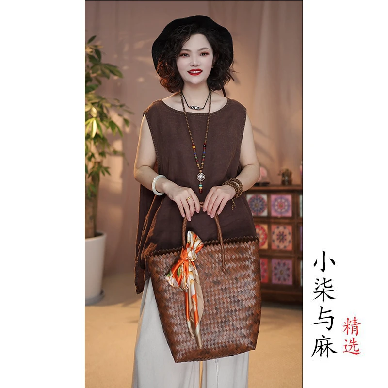 【小柒与麻】夏季亚麻无袖背心（衣长66胸围120）咖色