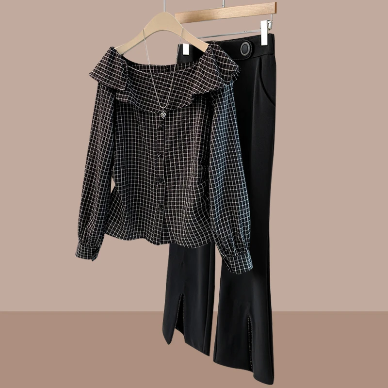 大码女秋装时尚洋气减龄套装春秋高级感露肩格子衬衫微喇裤两件套