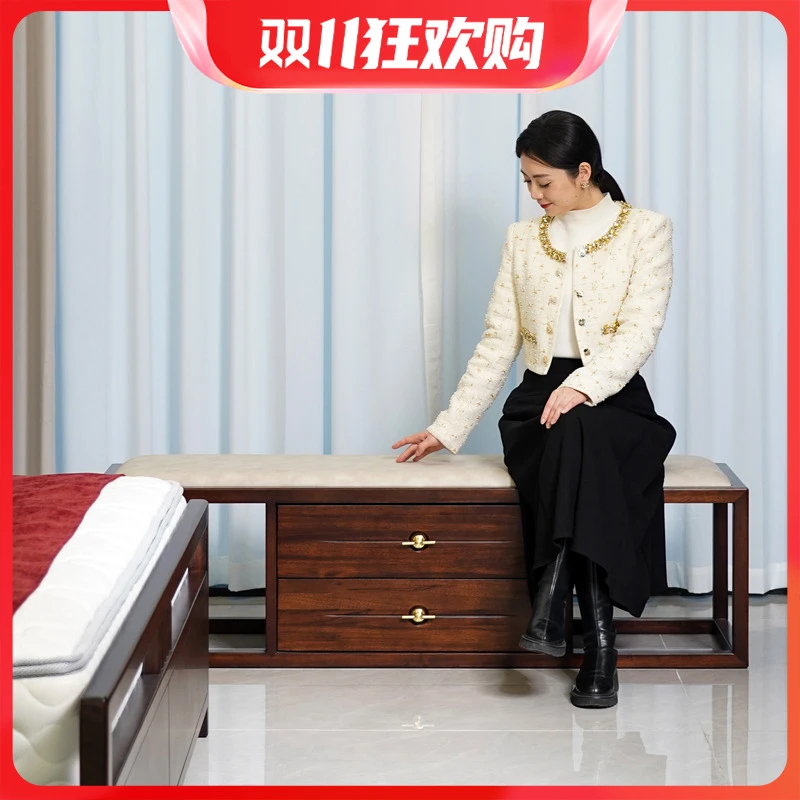 新中式床尾凳门口储物换鞋凳乌金木实木家用长条凳软包床尾凳