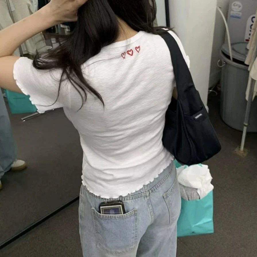 【爱心木耳边】Y韩系NE后背爱心刺绣木耳边纯色T恤百搭显瘦短袖上