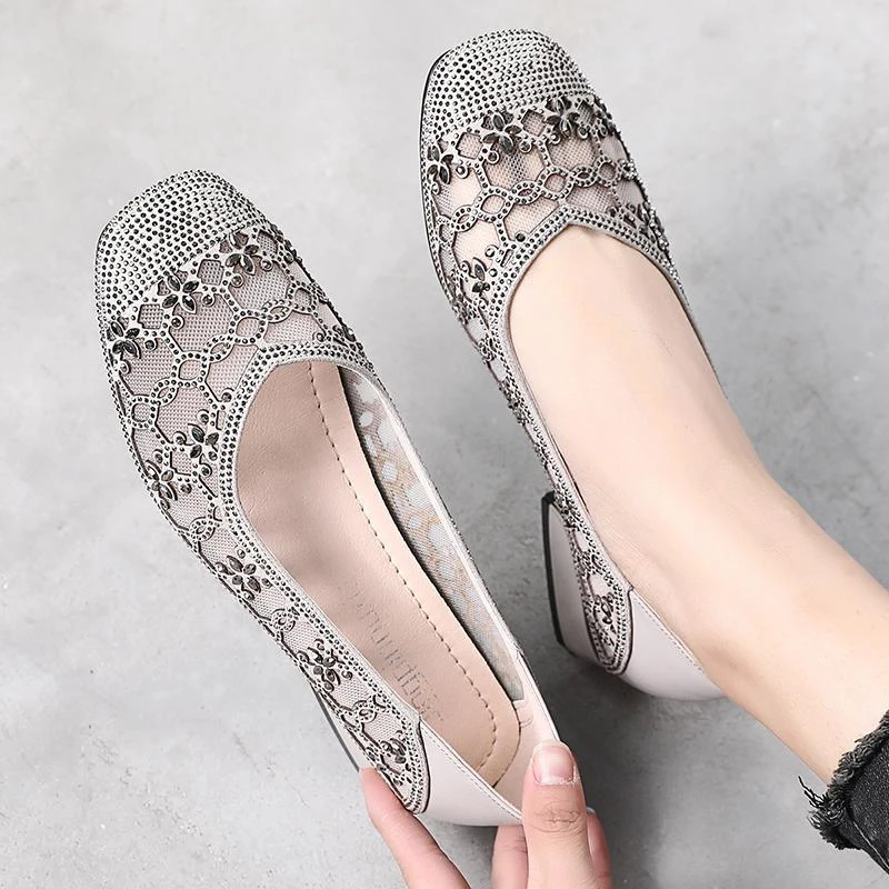 真皮包头水钻凉鞋女夏季镂空网面单鞋浅口粗跟女鞋网纱透气妈妈鞋