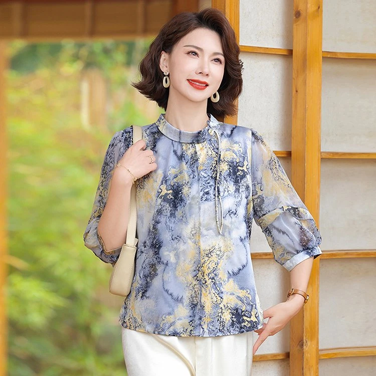 新国风碎花中袖雪纺上衣女士夏季装七分袖小衫新中式妈妈款衬衫