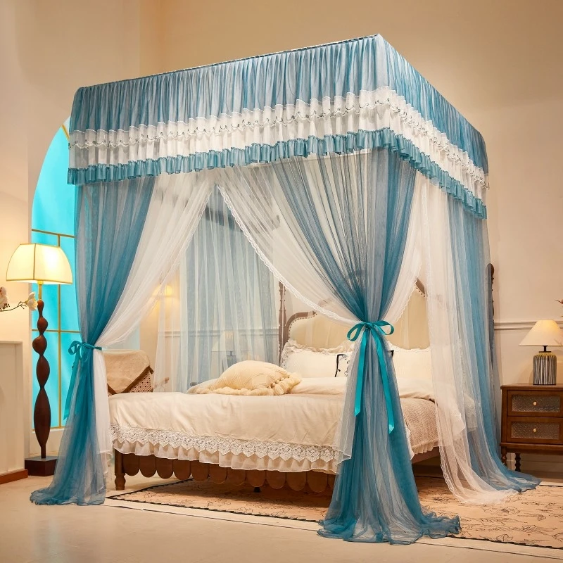 家用卧室加厚欧式刺绣花边双层宫廷公主风三开门一体式落地蚊帐雪