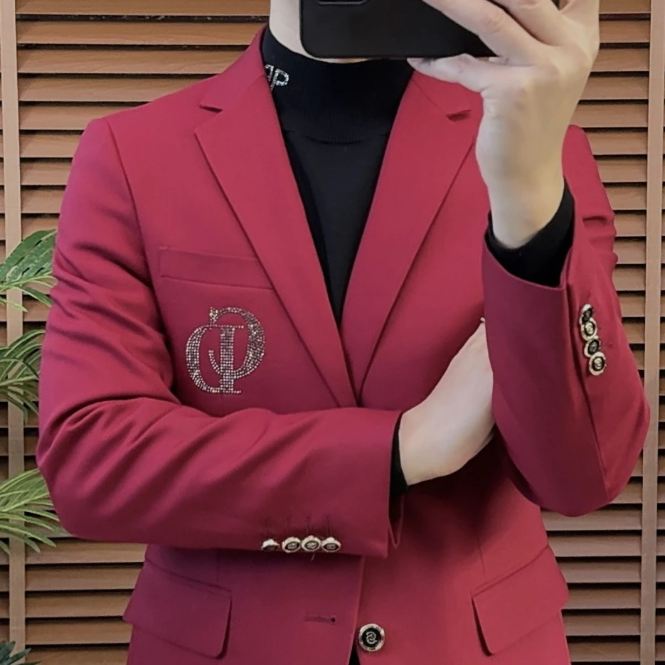 （现货白色，红色）秋冬男士常规款修身潮流西服上装落肩袖英伦休闲