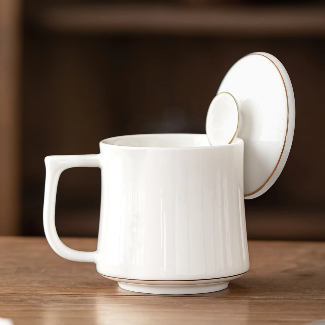 煌山羊脂玉瓷茶杯个人专用办公室陶瓷泡茶杯家用喝水杯子带盖防尘