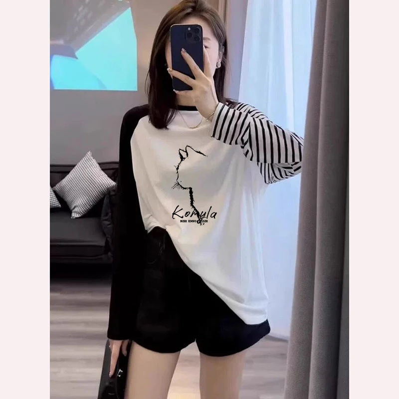 撞色条纹拼接正肩2025新款早春长袖t恤女棉质欧货设计感小众上衣