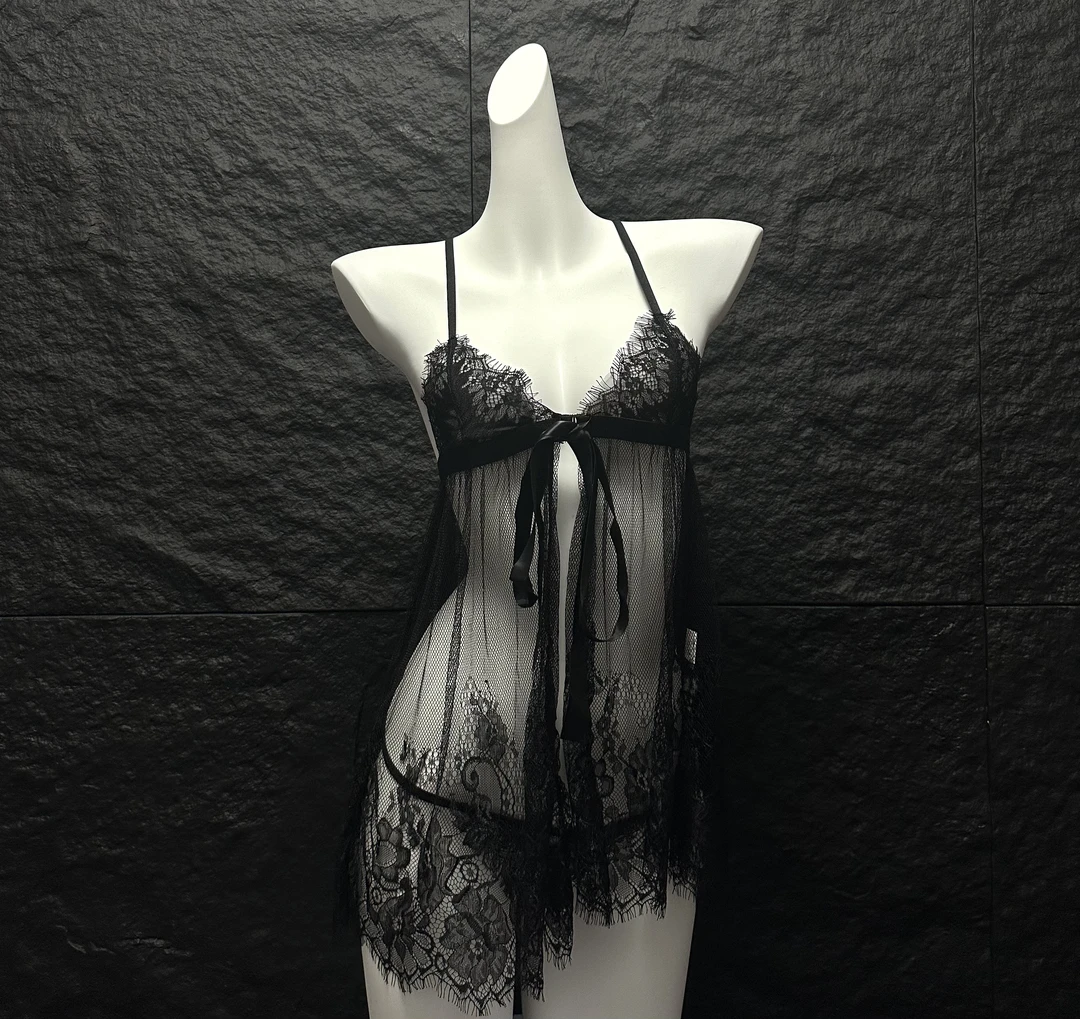 【SanRi】心跳 透视蝴蝶结网纱蕾丝吊带睡裙