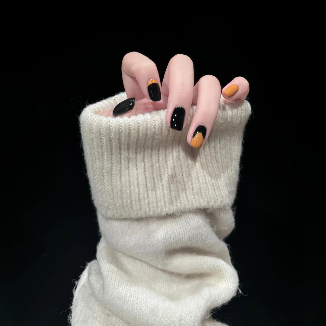2025拼色穿戴甲不规则涂鸦晕染美甲贴片气质辣妹黑黄拼搭假指甲片