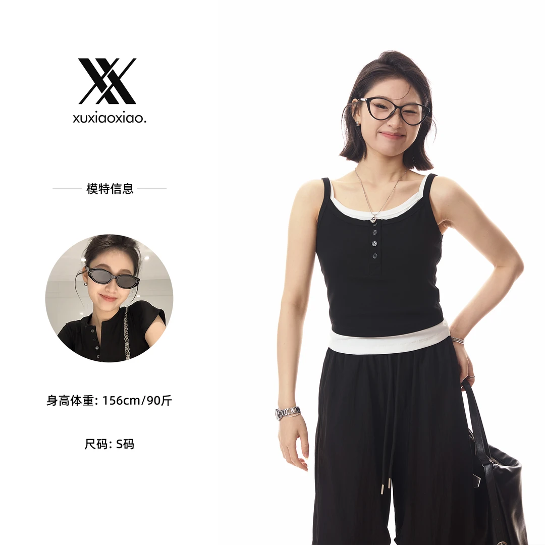 XIAOXIAO【南法假日】2024夏季新款辣妹外穿假两件撞色吊带背心上衣