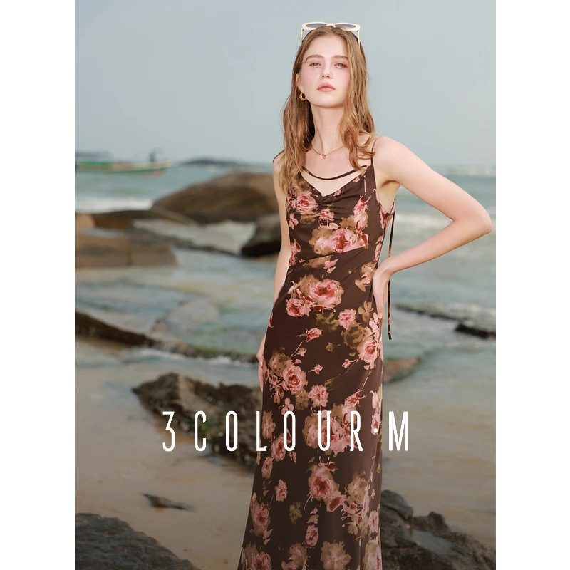 【可可专属】三彩2025春季新款V领吊带裙玫瑰印花连衣裙飘带dbx
