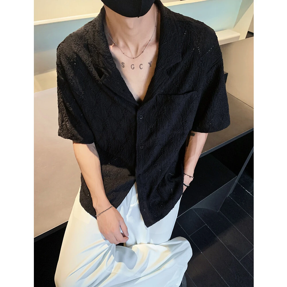 美式复古衬衫短袖男夏季潮牌镂空设计宽松凉感古巴领半袖polo上衣