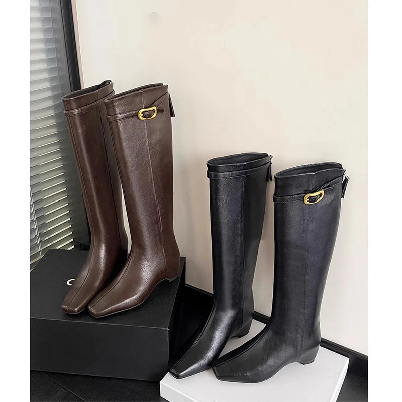 真皮时尚气质通勤棕色骑士靴女2025新款小众设计通勤长靴潮流百搭