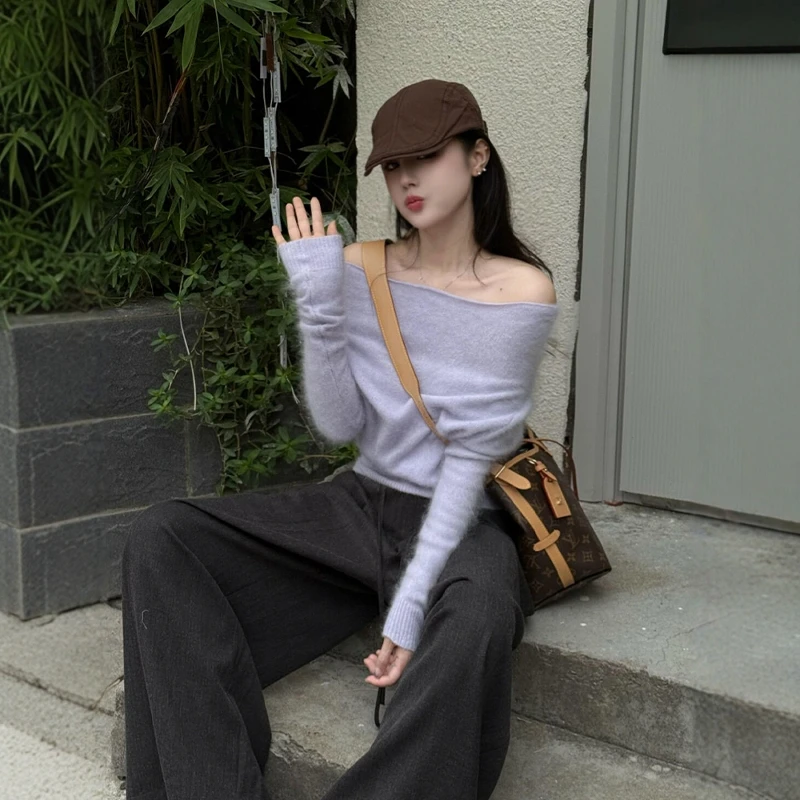 香芋紫一字领露肩马海毛针织衫女秋冬高级感打底毛衣内搭短款上衣