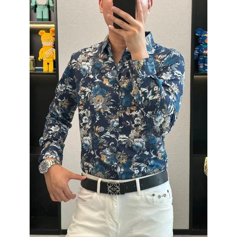 25秋季（轩诚）桑蚕丝绵羊毛印花高品质男士时尚百搭玫瑰长衬衫