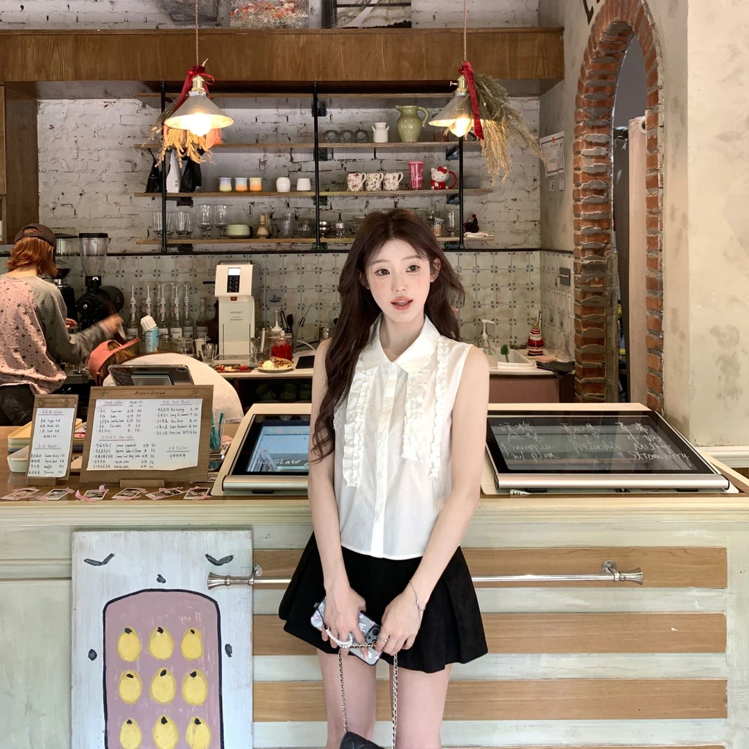 Zzhen【椰奶奶酪】法式花边无袖小衫百搭显瘦上衣DCS447