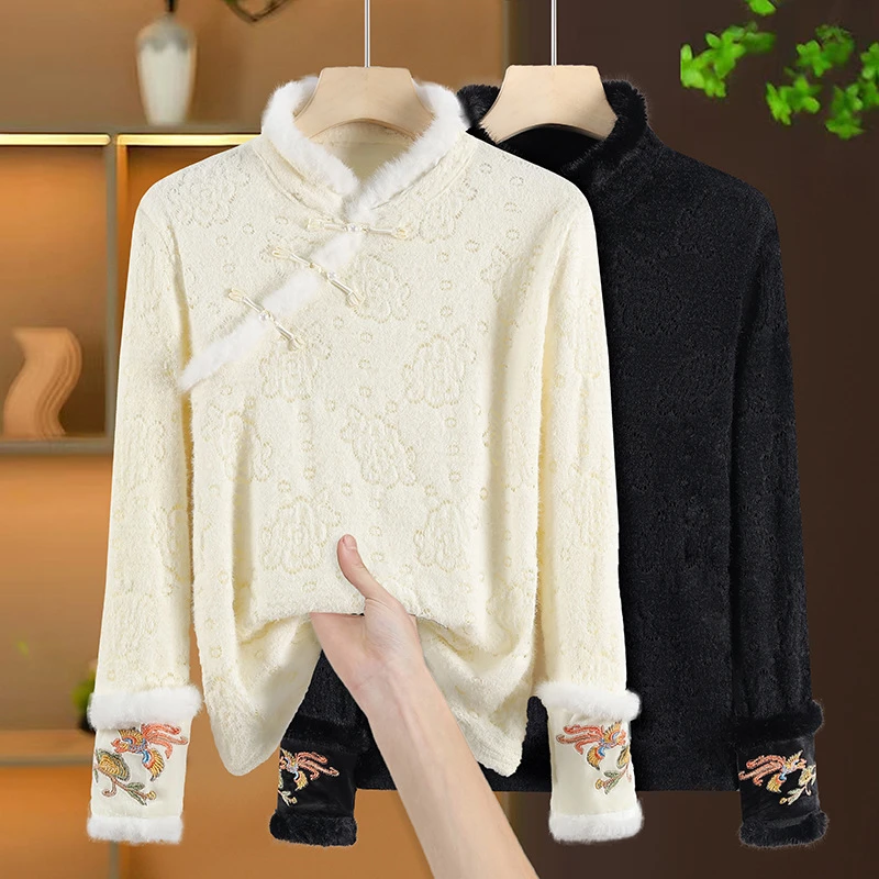 新中式打底衫女复古设计感斜襟盘扣刺绣轻国风小衫秋冬加绒加厚保