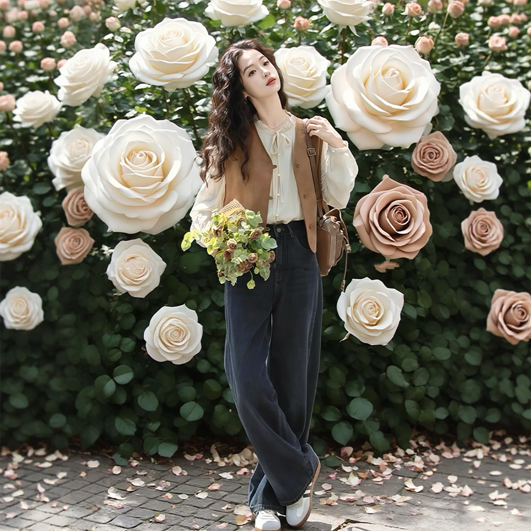 大方得体穿搭一整套大码胖mm高级感上衣叠穿马甲牛仔裤三件套装女