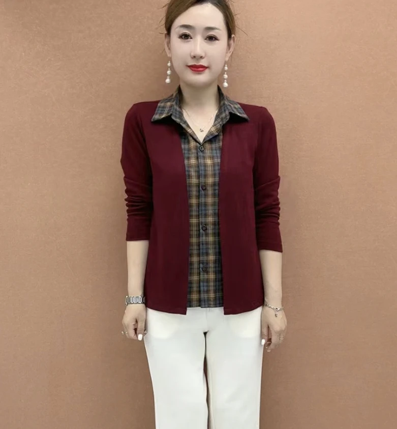2025秋季显瘦假两件设计感拼接格子长袖上衣586