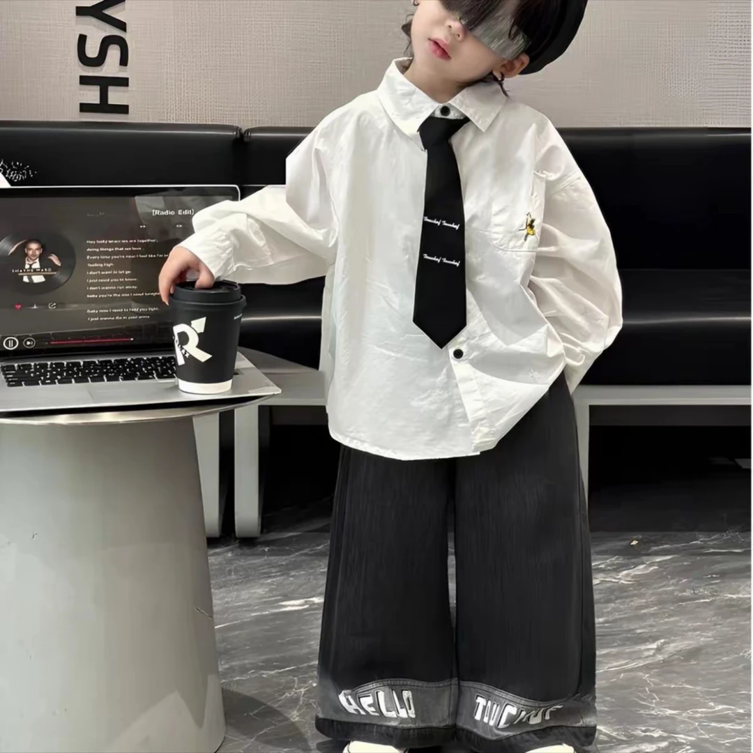 秋季男童套装2025新款儿童韩版领带衬衫直筒宽松牛仔裤两件套潮酷