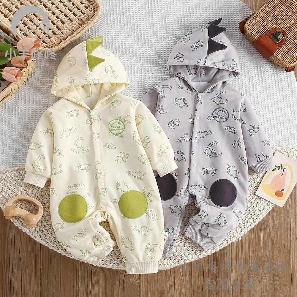 春秋新款咕噜恐龙岛连体哈衣连帽满印恐龙男女宝童装婴幼可爱爬服