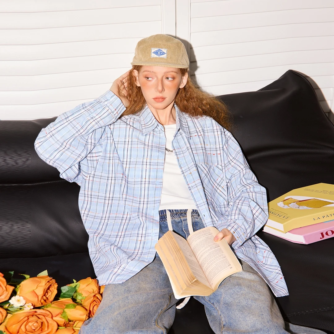 BEETLE TOWN美式格纹长袖衬衫女春宽松显瘦复古休闲外套情侣上衣