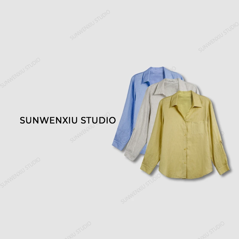 swx studio2店 “印象派“100%亚麻极简休闲小众v领衬衫