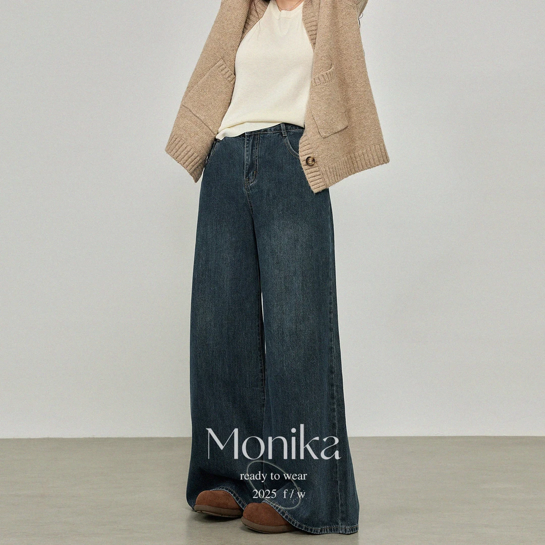 大码女装胖mm秋装新款韩版高腰水洗显瘦做旧直筒阔腿牛仔裤18158