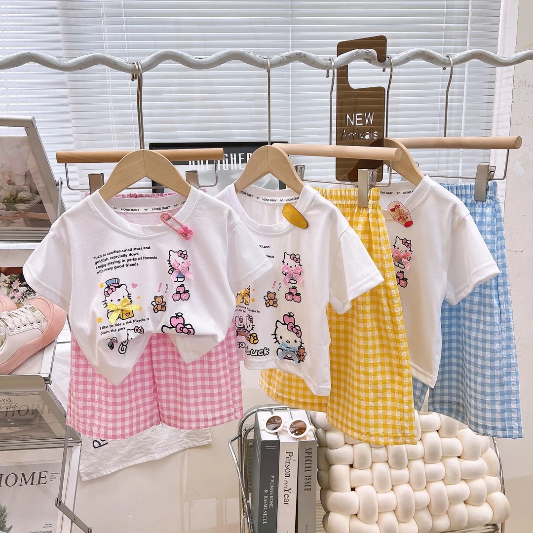 夏季套头女童套装夏装韩版短袖薄款女宝春秋格子亲肤网红2025新款